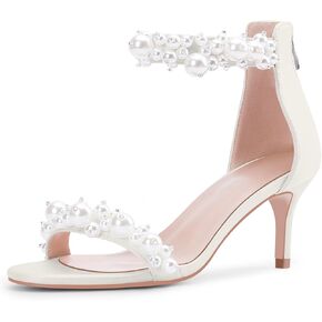 100FIXEO Women's Pearl Low Kitten Heel Ankle Strap Heeled Sandals Open Toe Wedding Bride Dress Shoes