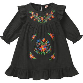 Toddler Baby Girls Mexican Dress Long Sleeve Floral Embroidery Ethnic Dress Cinco de Mayo Fiesta Dresses