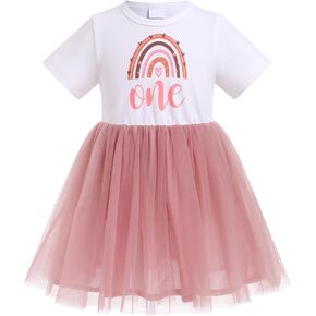 IMEKIS Toddler Girl Boho Rainbow 1st 2nd Birthday Dress Tutu Summer Pastel Rainbow Cake Smash Photo Shoot