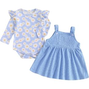 Hnyenmcko Newborn Baby Girl Fall Clothes Ruffle Long Sleeve Floral Ribbed Romper Suspender Skirts Set Infant Winter Outfit