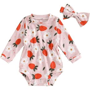 Newborn Baby Girl Clothes Floral Print Long Sleeve Ribbed Romper Bodysuit Headband 2Pcs Infant Fall Winter Clothes