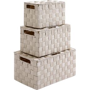 Decorative Large Basket Storage Boxes with Lids, Portable Cube Baskets for Shelves, Luxury Container Tote Organizer for Toys, Durable Shelf Bins Set Bathroom Drawer Containers(3 Pack Brown)