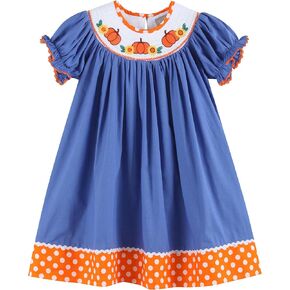Lil cactus Blue Pumpkin Sunflower Smocked Bishop Dress