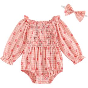 Newborn Infant Baby Girl Winter Clothes Long Sleeve Plaid Romper Smocked Bodysuit with Headband Infant Fall Clothes