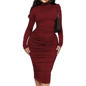 Women's Turtleneck Long Sleeve Bodycon Ruched Midi Dress Sexy Club Party Night Long Pencil Dress Pink XL
