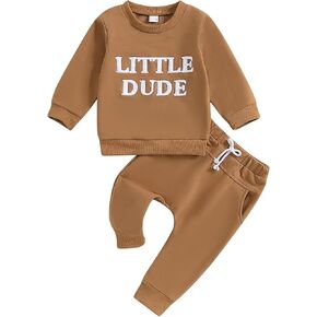 Kaipiclos Toddler Boy Fall Clothes Set Little Dude Embroidered Round Neck Sweatshirt Pullover Tops Pants with Pockets Outfits