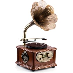 مشغل تسجيلات الفونوغراف الكلاسيكي الكلاسيكي القديم من الفينيل مشغل أقراص دوارة بلوتوث 4.2، 3.5 ملم Aux-in/USB/FM راديو مع قرن نحاسي in Kuwait