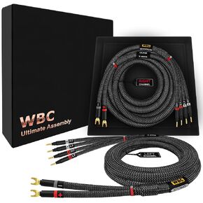 WORLDS BEST CABLES 10 Foot Ultimate - 9 AWG - Ultra-Pure OFC - Premium Audiophile HiFi Bi-Wire Speaker Cable Pair with Eminence Gold Spade (x2) & Banana (x4) Plugs & Carbon Tweed Jacket