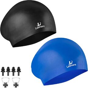 Long Hair Swim Cap for Women 2 Pack, Silicone Swimming Caps for Unisex Adult Women Men with Ear Plugs & Nose Clip Set.