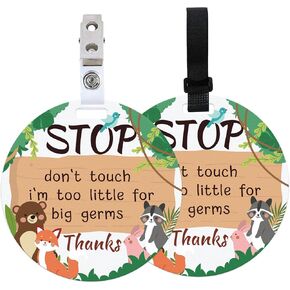 PLIGREAT 2 Pack Dont Touch Baby Seat Signs, Animal Pattern Stop Touching Baby Car Seat Sign for Newborn Baby Girl Boy, No Kissing Baby Sign Stroller Tag with Hanging Strap and Clip