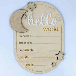 Baby Announcement Sign Star, 6.5 Inch Wooden Hello World Newborn Welcome Sign Birth Baby Name Plaques for Photo Props Baby Shower Hospital Nursery (A62)