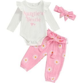 Toddler Baby Girls Fall Outfits Long Sleeve Romper Butterfly/Daisy Print Linen Pants Headband Newborn Baby Clothes