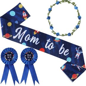 Serencatcher Space Baby Shower Decorations Blue, Boy Space Theme Mom to Be Maternity Sash Mom Dad to Be Button Pin Flower Crown Headband for Galaxy Gender Reveal Party