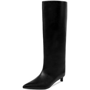 Kitten Heel Knee High Boots for Women, 1.5-in Stiletto Low Heel Long Boots Women Knee High, Womens Pull on Pointed Toe Tall Boots, Below the Knee Boots Faux Leather