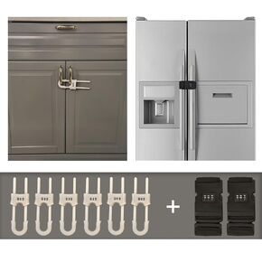 Premium Child-Proof Safety Bundle: 6 Sets of Adjustable Sliding Cabinet Door Code Locks & 2 Sets Fridge Freezer Lock Latch – Secure, Easy Install, No Damage, 1000 Combinations