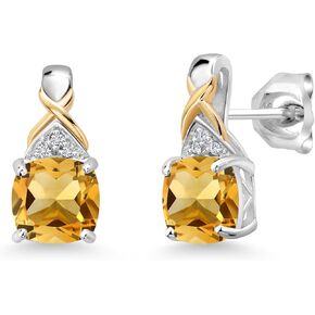 Gem Stone King 925 Sterling Silver and 10K Yellow Gold Blue Sapphire and White Lab Grown Diamond Earrings For Women (2.61 Cttw, Gemstone September Birthstone, Cushion 6MM)