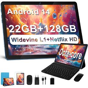 2024 Newest Android 14 Tablet, 22G+128G/1TB Expansion, 10 inch Tablets with 8000 mAh Battery, Octa-Core, GPS, Split-Screen, Face Unlock, 2 in 1 Tablet with Keyboard, Mouse, Case, Metal Blue