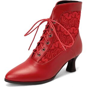 RiceelSor Women Lace Pointy Toe Kitten Heel Victorian Witch Boots Lace Up Round Toe Comfortable Bridal Costume Chunky Heel Plus Size Ankle Booties