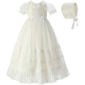 Baby Newborn Delicate Lace Baptism Embroidered Christening Gown with Bonnet for 0-12 Months