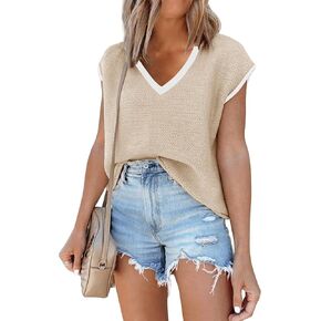 SAUKOLE Women's Sleeveless Sweater Vest Casual V Neck Cap Sleeve Knit Pullover Tank Tops 2024 Spring Clothes