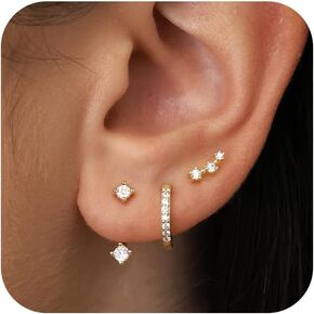 Poxtex Gold Earrings Set for Women, 14K Real Gold Cartilage Stud Huggie Jacket Earrings Set for Multiple Piercing Hypoallergenic Trendy Jewelry, Small Hoop Earrings Gifts for Women Girls