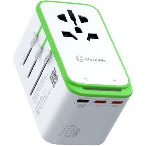 GlocalMe RoamPlug Universal Travel Adapter with 4G WiFi Mobile Hotspot and US 8GB Data, All-in-One International Power Plug Adapter, 4 USB Ports and Max 70W Output for EU UK AUS