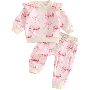 Toddler Baby Girl Fall Clothes Cute Bow Print Ruffle Long Sleeve Sweatshirt and Pants Set 2Pcs Waffle Knit Outfit