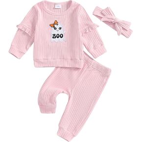 ZyHwShine Toddler Girls Halloween Outfit Ribbed Ghost Embroidered Ruffled Long Sleeve Sweatshirt Pants Cute Fall Clothes