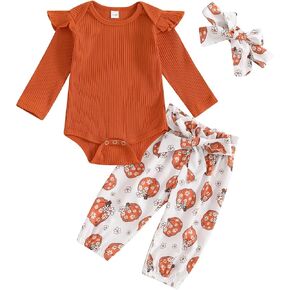 Newborn Baby Girl Halloween Clothes Ruffle Long Sleeve Solid Color Romper Tops Pumpkin Pants Set Fall Outfit