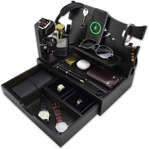 Birthday Gifts Anniversary for Men, Nightstand Organizer for Men with Large Drawer, Phone Docking Station, Bedside Organizer for Nightstand for Apple Watch, Laptop (Black, Solid Wood)