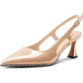 TNYNFBEB Womens Kitten Heel Pointed Toe Pumps Sliver Beaded Slingback Slip-on Buckle Prom Dress Basic Classic Patent Leather Summer 2.6 Inches Heels