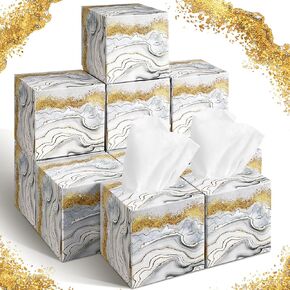 Bencailor 12 Pack Facial Tissues Cube Boxes Face Tissue Box 600 Sheets 3-ply Square Tissues Marble Pattern Soft Tissue Paper Bulk for Car Pocket Toilet Household School Bedroom Family