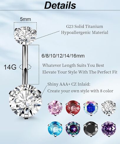 REVOLIA 14G G23 Solid Titanium Belly Button Rings for Women Girls Round CZ Hypoallergenic Belly Rings for Sensitive Skin Belly Rings Barbell Navel Rings Belly Piercing Jewelry 6-16MM in Kuwait