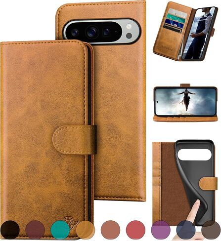 for Google Pixel 9 Pro XL 6.8" 5G Genuine Leather Wallet case【RFID Blocking】【4 Credit Card Holder】【Real Leather】 Flip Phone Cover Women Men for Pixel 9 Pro XL case Light Brown in Saudi Arabia