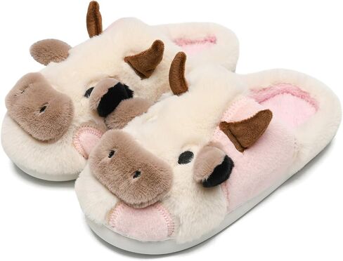 COVS Cow Slippers for Women/Men， Cute Cozy Cartoon Cow Fluffy Slippers Indoor Outdoor Fuzzy Slippers In Winter in Saudi Arabia