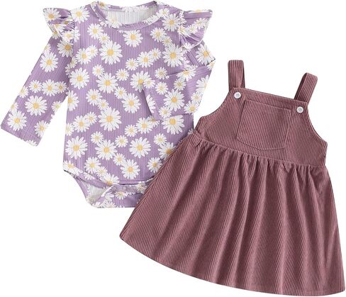 ملابس خريفية لحديثي الولادة من Hnyenmcko بأكمام طويلة مكشكشة ومضلعة بالزهور طقم تنانير بحمالات للرضع ملابس شتوية للأطفال in Kuwait