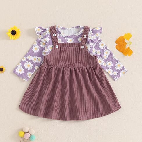 ملابس خريفية لحديثي الولادة من Hnyenmcko بأكمام طويلة مكشكشة ومضلعة بالزهور طقم تنانير بحمالات للرضع ملابس شتوية للأطفال in Kuwait