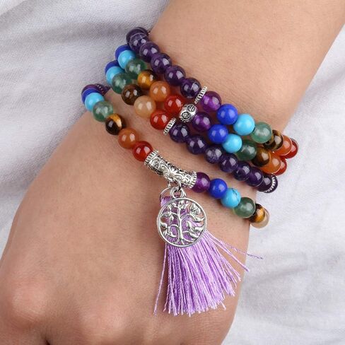 Nupuyai Unisex 108 Buddha Prayer Beads Mala Crystal Bracelet, 7 Chakra Healing Stone Necklace in Kuwait