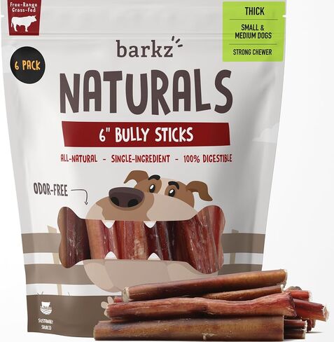 Barkz Naturals 6 Inch Odor-Free Bully Sticks for Dogs (12 Pack) - 100% All-Natural Beef Pizzle Sticks for Small to Medium Dogs - Moderate Chewers - Fully Digestible in Saudi Arabia