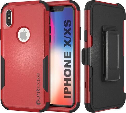 Punkcase for iPhone Xs Belt Clip Holster Case [Patron Series] 4-1 Rugged & Protective Multilayer Phone Cover W/Integrated Kickstand for iPhone Xs (5.8") (2018) [Red-Black] in Saudi Arabia