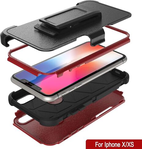Punkcase for iPhone Xs Belt Clip Holster Case [Patron Series] 4-1 Rugged & Protective Multilayer Phone Cover W/Integrated Kickstand for iPhone Xs (5.8") (2018) [Red-Black] in Saudi Arabia