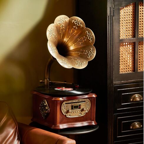 مشغل تسجيلات الفونوغراف الكلاسيكي الكلاسيكي القديم من الفينيل مشغل أقراص دوارة بلوتوث 4.2، 3.5 ملم Aux-in/USB/FM راديو مع قرن نحاسي in Kuwait