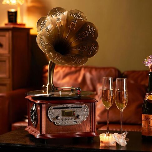 مشغل تسجيلات الفونوغراف الكلاسيكي الكلاسيكي القديم من الفينيل مشغل أقراص دوارة بلوتوث 4.2، 3.5 ملم Aux-in/USB/FM راديو مع قرن نحاسي in Kuwait