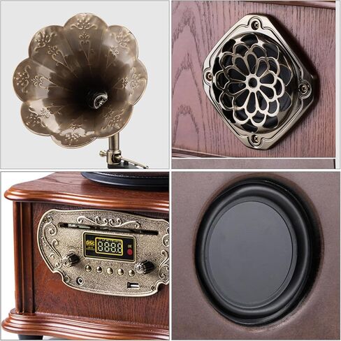 مشغل تسجيلات الفونوغراف الكلاسيكي الكلاسيكي القديم من الفينيل مشغل أقراص دوارة بلوتوث 4.2، 3.5 ملم Aux-in/USB/FM راديو مع قرن نحاسي in Kuwait