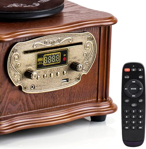 مشغل تسجيلات الفونوغراف الكلاسيكي الكلاسيكي القديم من الفينيل مشغل أقراص دوارة بلوتوث 4.2، 3.5 ملم Aux-in/USB/FM راديو مع قرن نحاسي in Kuwait