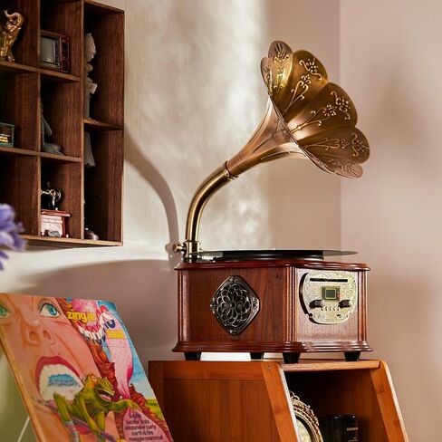 مشغل تسجيلات الفونوغراف الكلاسيكي الكلاسيكي القديم من الفينيل مشغل أقراص دوارة بلوتوث 4.2، 3.5 ملم Aux-in/USB/FM راديو مع قرن نحاسي in Kuwait