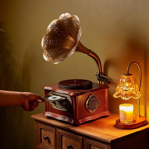 مشغل تسجيلات الفونوغراف الكلاسيكي الكلاسيكي القديم من الفينيل مشغل أقراص دوارة بلوتوث 4.2، 3.5 ملم Aux-in/USB/FM راديو مع قرن نحاسي in Kuwait