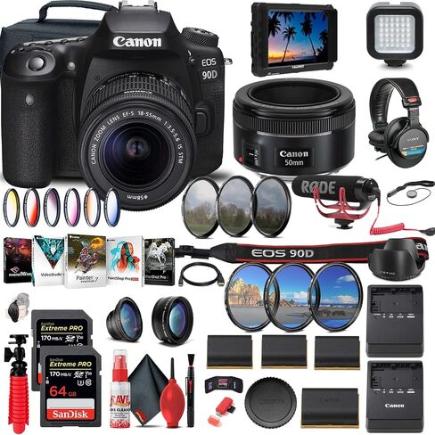 كاميرا Canon EOS 90D DSLR مع عدسة 18-55 مم (3616C009) + شاشة 4K + عدسة Canon EF 50 مم + ميكروفون احترافي + سماعات رأس Pro + بطاقة ذاكرة سعة 2 × 64 جيجابايت + مجموعة مرشح الألوان + حافظة + المزيد (متجددة) in Saudi Arabia