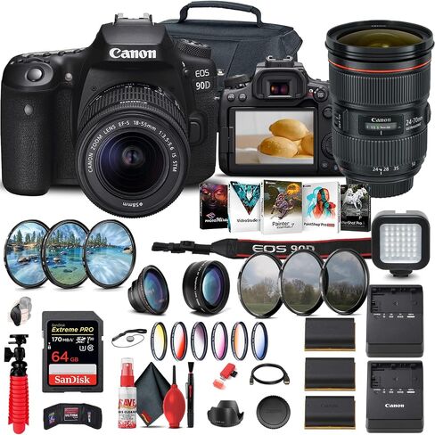 Canon EOS 90D DSLR Camera with 18-55mm Lens (3616C009) + Canon EF 24-70mm Lens + 64GB Memory Card + Color Filter Kit + Case + Corel Photo Software + 2 x LPE6 Battery + More (Renewed) in Saudi Arabia