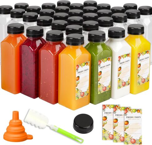 TOMNK 35pcs Juice Bottles, 12oz Plastic Bottles with Caps, Reusable Clear Bottles Beverage Containers Bulk with Lids, Label, Funnel and Brush for Juicing, Smoothies, Tea in Saudi Arabia